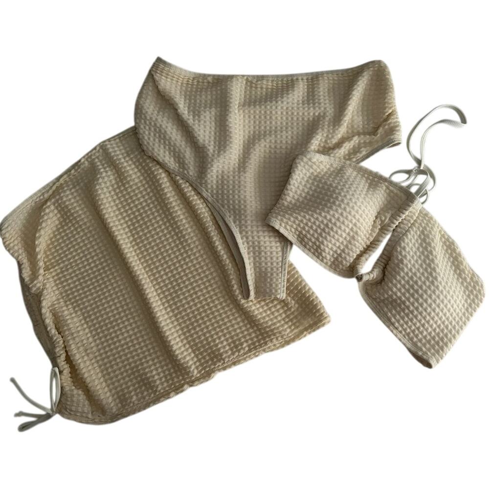 NWOT SweatyRocks Beige 3 Pc Texture Halter Tie Bikini Drawstring Skirt Large - Picture 3 of 11